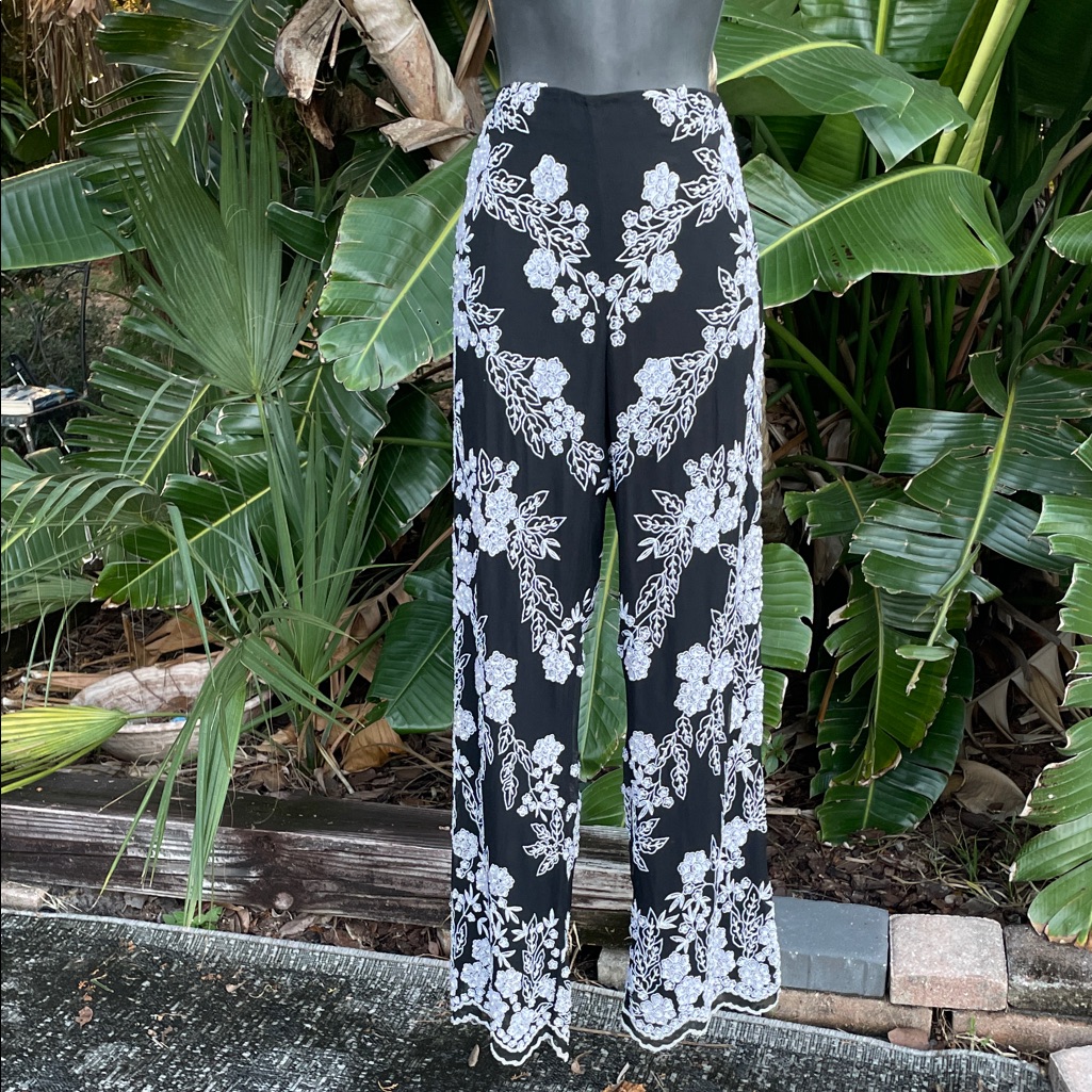 Pure Silk Beaded, Dark Floral And Embroidered Boot Cut Pants